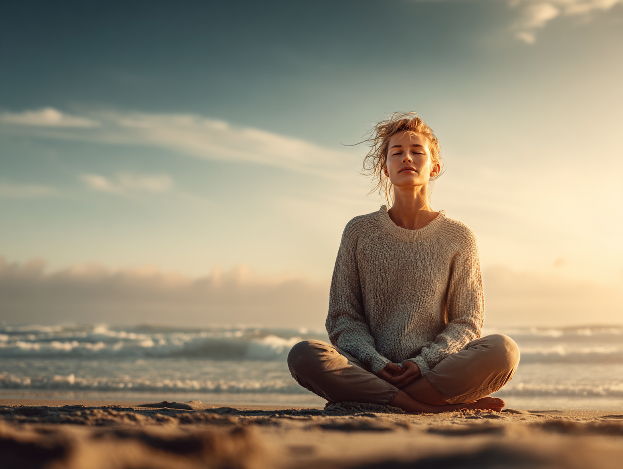 Жінка практикує йогу на заході сонця